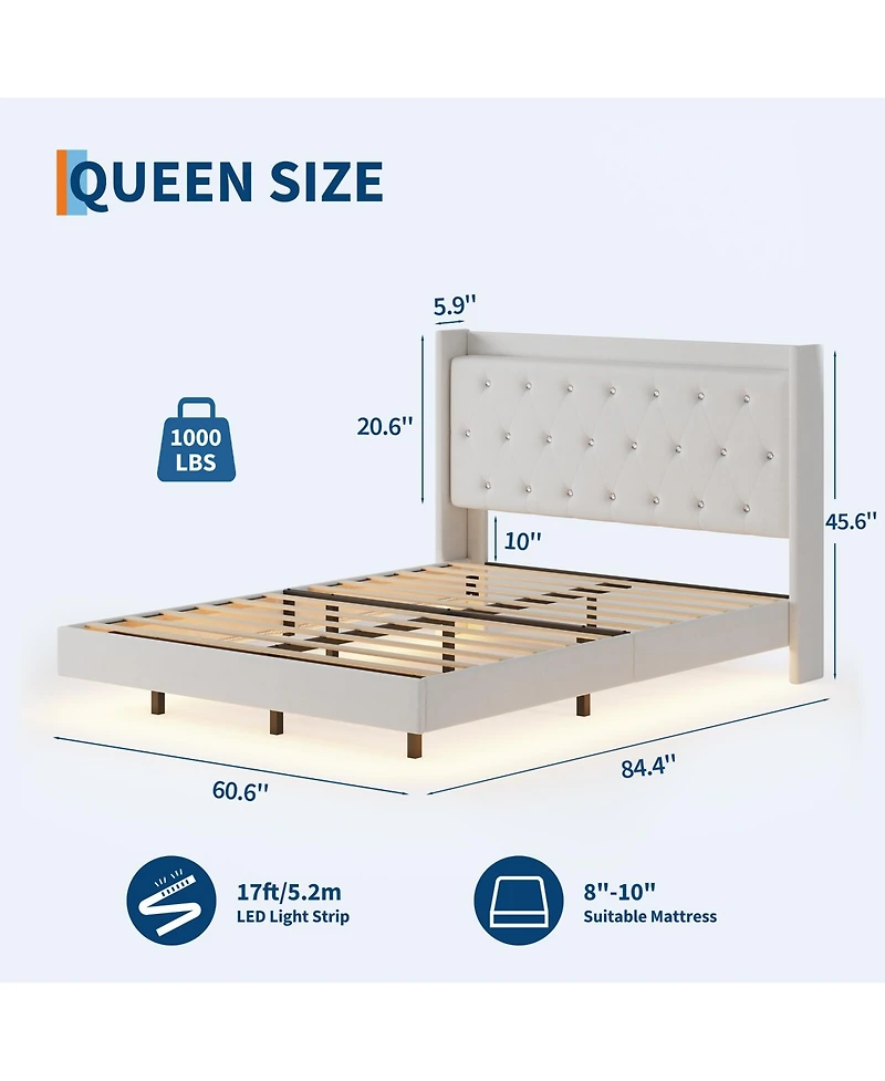 Homfan Bed Frame with Led Lights, Upholstered Headboard, Storage Shelves