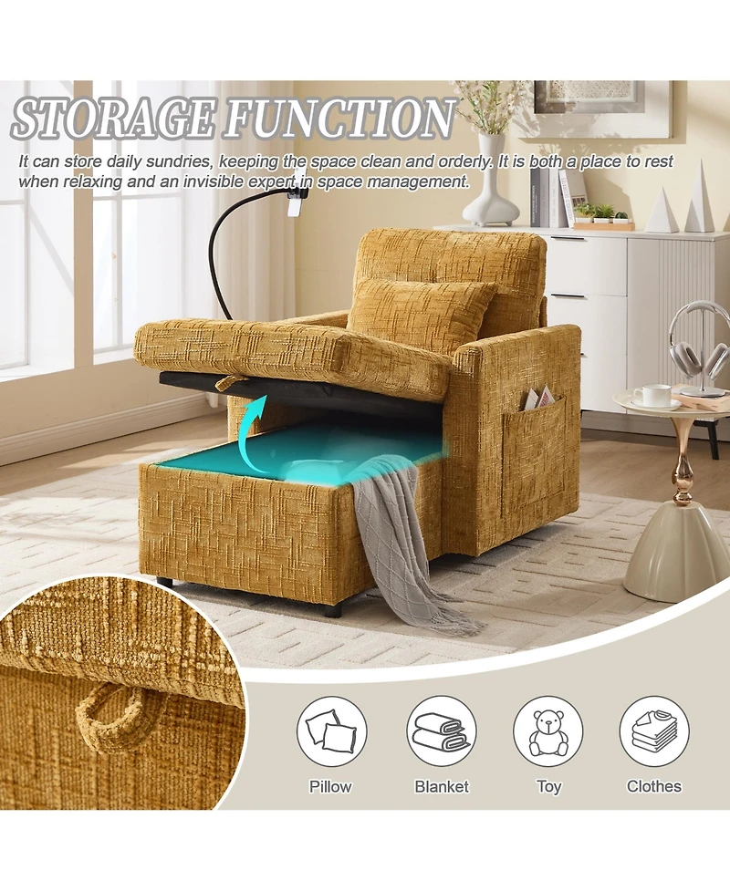 Rainsken Chenille Lazy Recliner Chair with Storage, Phone Holder and Side Pockets
