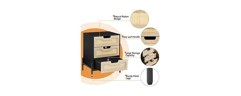 gaomon Rattan Night Stand Farmhouse Nightstand Bedside Table with 3 Drawers Farmhouse Nightstand Bedside Table with Metal Legs Sturdy and Durable Boho