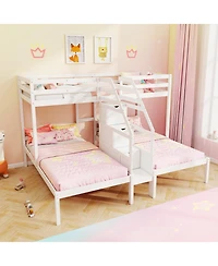 Gouun Twin Over Twin and Twin Bunk Bed with Storage Staircase and Guardrail for 3 Kids Teens