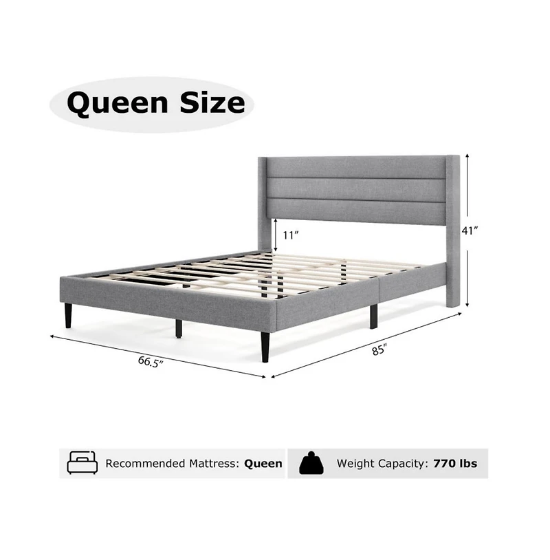 Gouun Linen Upholstered Platform Queen Bed Frame with Wingback Headboard