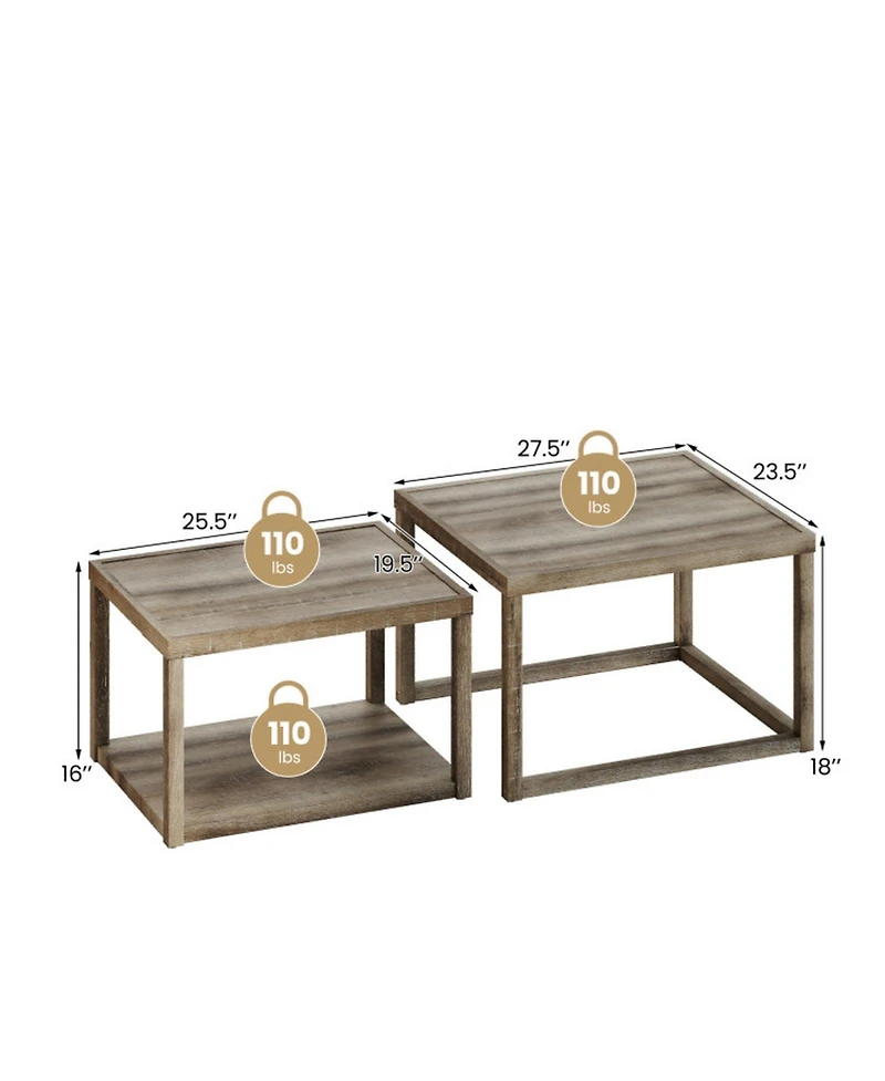 Gouun Set of 2 Stackable Nesting Rectangular Coffee Tables with Storage Shelf