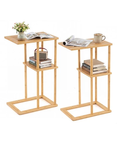 Gouun Set of 2 Bamboo Side Tables with 2-Tier Storage Shelves