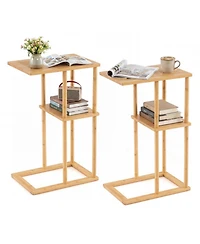 Gouun Set of 2 Bamboo Side Tables with 2-Tier Storage Shelves