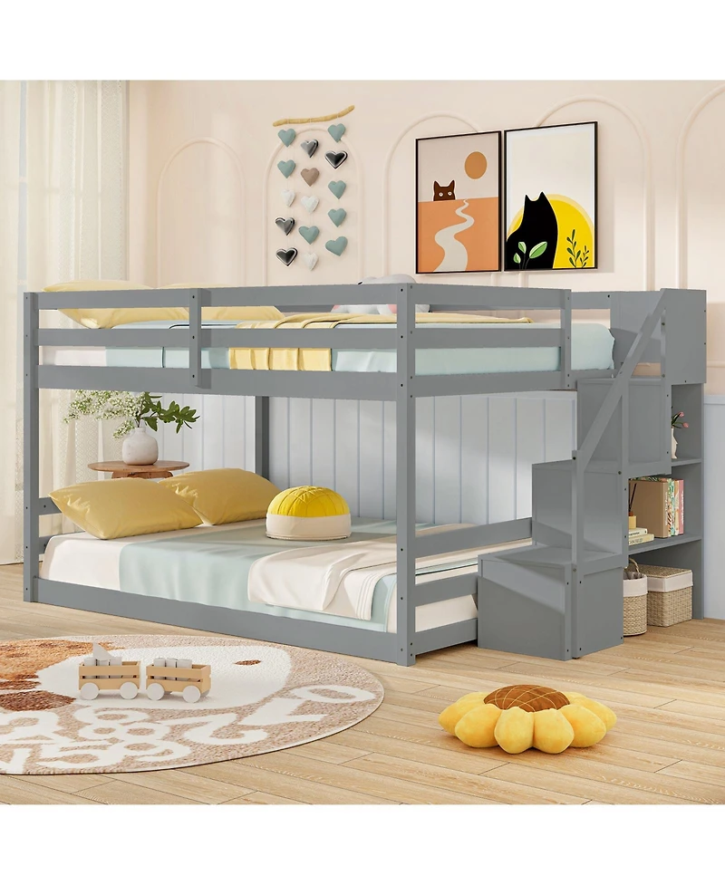 Gouun Solid Wood Full Over Full Low Bunk Bed with Storage Stairs