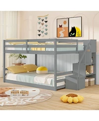 Gouun Solid Wood Full Over Full Low Bunk Bed with Storage Stairs