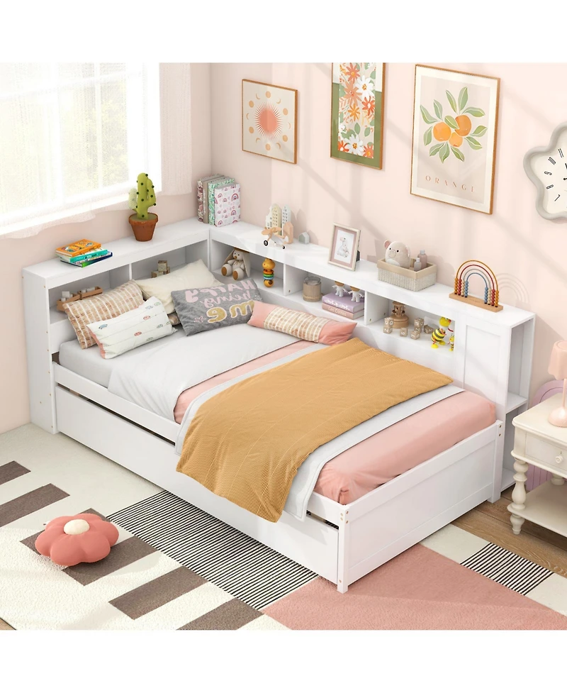 Gouun Twin Size Daybed Platform Bed Frame with Trundle and Bedside Shelves