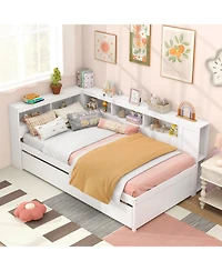 Gouun Twin Size Daybed Platform Bed Frame with Trundle and Bedside Shelves