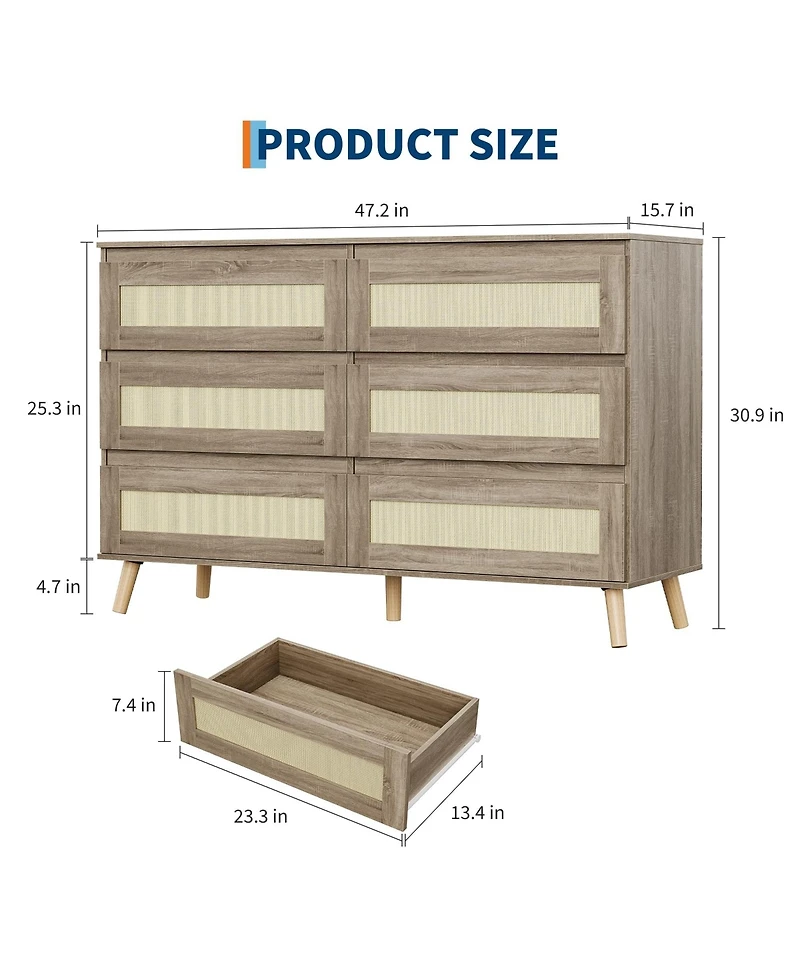 gaomon Modern Rattan 6 Drawer Dresser for Bedroom, Wooden Chest of Drawers with Storage, Clothes Organizer Cabinet