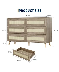 gaomon Modern Rattan 6 Drawer Dresser for Bedroom, Wooden Chest of Drawers with Storage, Clothes Organizer Cabinet