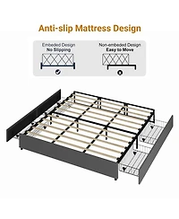 Homfan Space-Saving Platform Bed Frame with 4 Storage Drawers - Linen Upholstered