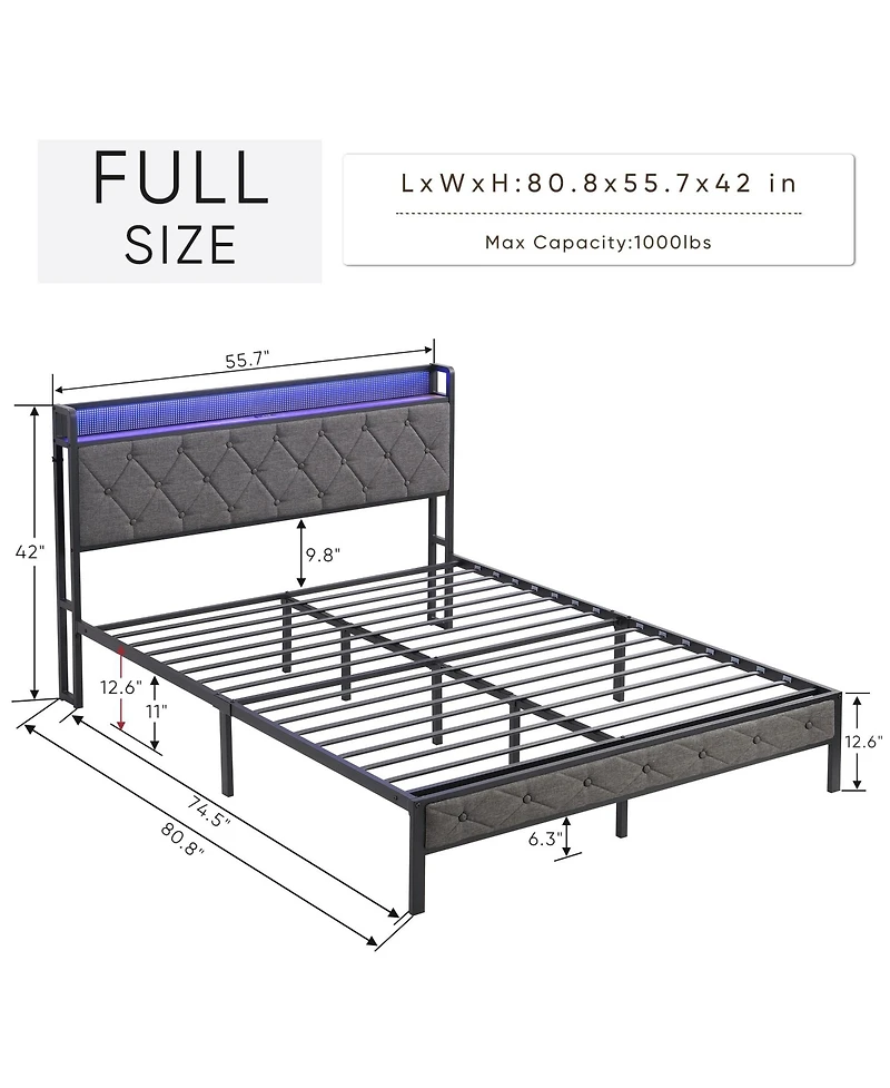 sumyeg Full Size Upholstered Bed Frame with Storage Headboard, Led Lights and Charging Station, Platform Bed