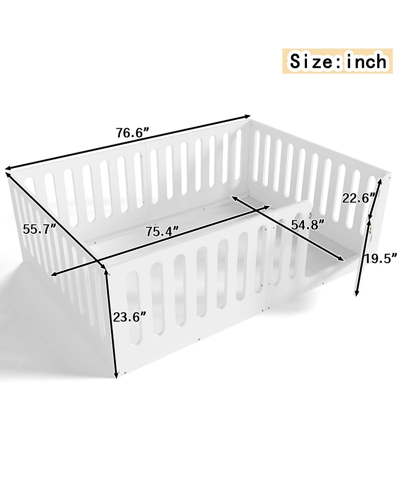 Rainsken Low-Profile Full Size Floor Bed for Kids, Solid Wood Bed Frame with High Protective Fence and Door for Boys Girls, No Box Spring Required