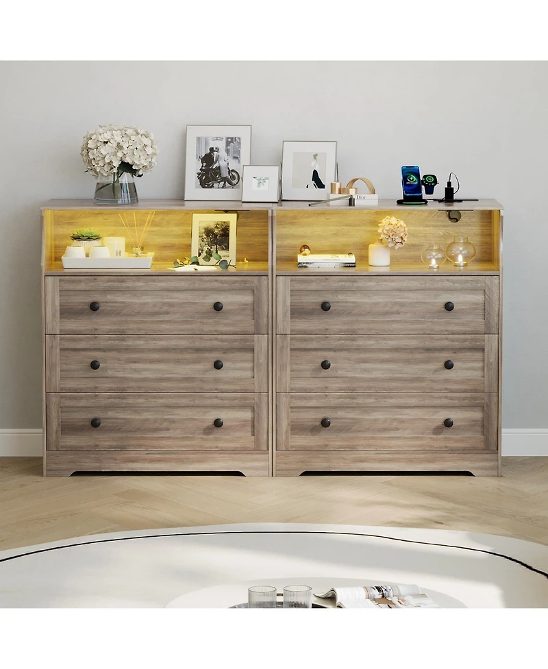 gaomon Tall Dresser for Bedroom with Led Lights and Charging Station, 3 Drawers Wood Chest of Drawers for Closet, Living Room, Hallway