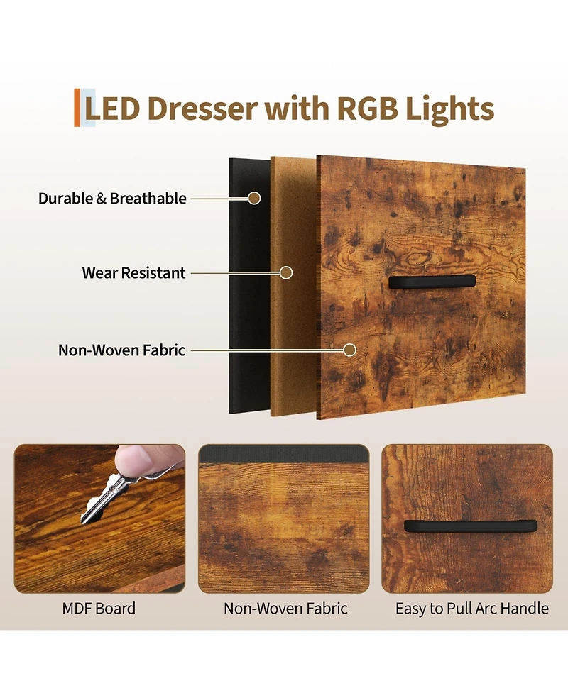 gaomon 49.2" Dresser with Hanging Rack and Led Lights, 6-Drawer Closet Organizer with Charging Station