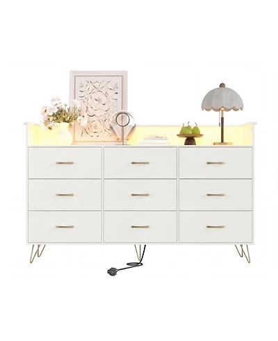 gaomon 9 Drawer Wooden Dressers for Bedroom with Led Lights and Charging Station, Wood Chest of Drawers with App Control