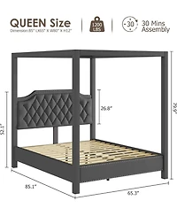 gaomon Queen Canopy Bed Frame Nailhead Headboard Upholstered 4 Pole Bracket Wood Slats No Box Spring