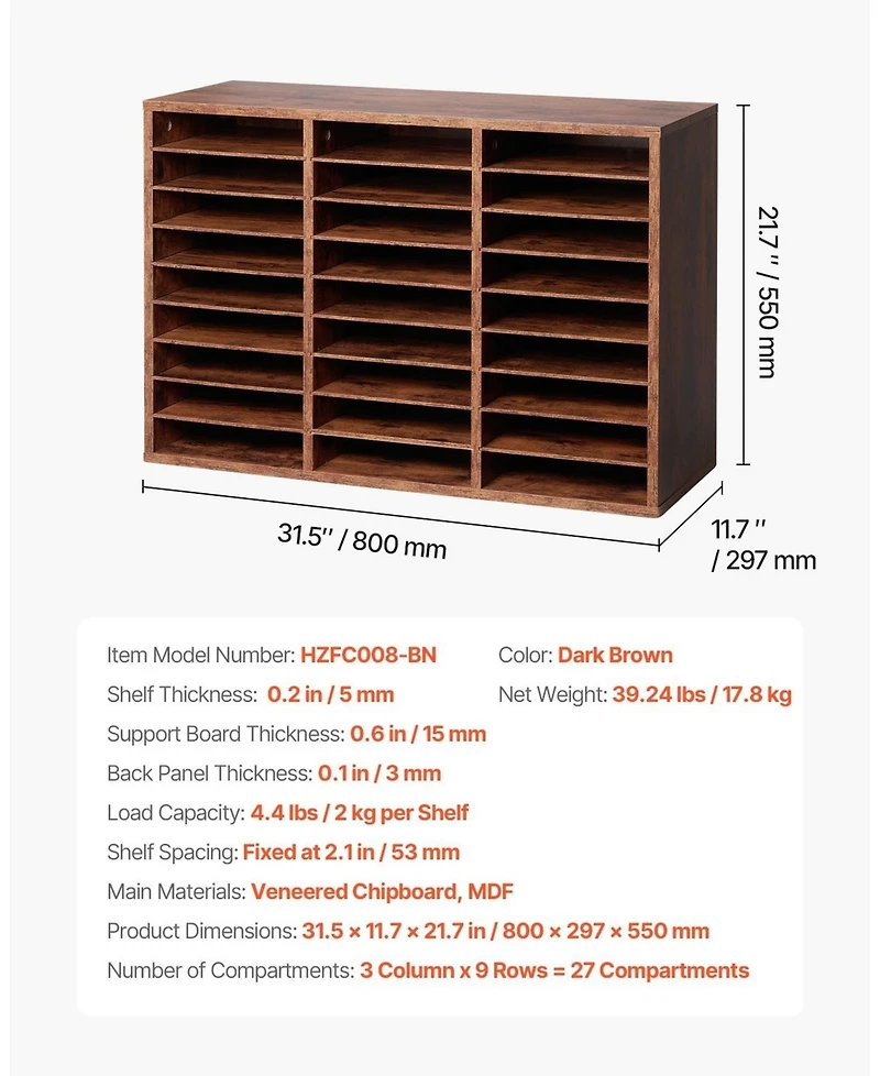 Sugift Literature Organizer, 27 Compartments, Wood Mailbox Sorter for File Storage