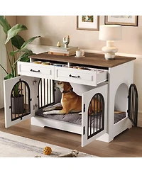 6thdruple 43.3" Indoor Pet House for Medium Large Dogs, Heavy Duty Wooden Dog Kennel with 2 Storage Drawers, End Table Furniture Crate