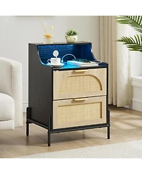 gaomon Rattan Night Stand Nightstand with Charging Station Modern Nightstand with Led Light and 2 Drawers Boho Bedside Table Wood Side Table