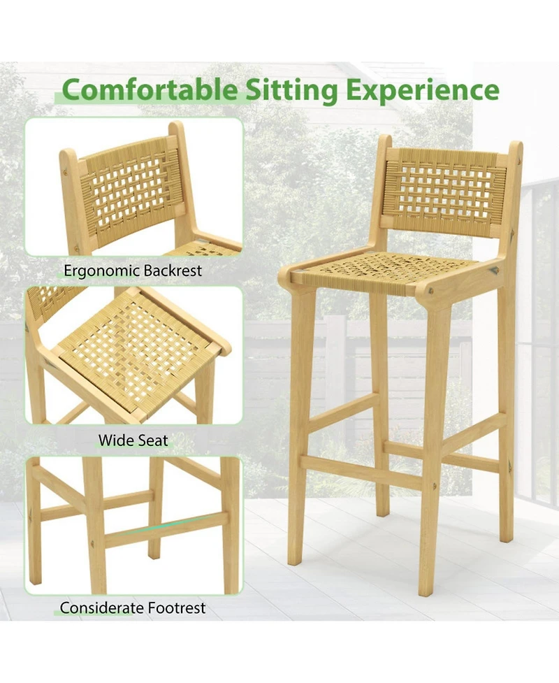 Gouun Teak Wood Patio Bar Stool with Woven Rattan Backrest and Seat