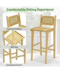 Gouun Teak Wood Patio Bar Stool with Woven Rattan Backrest and Seat