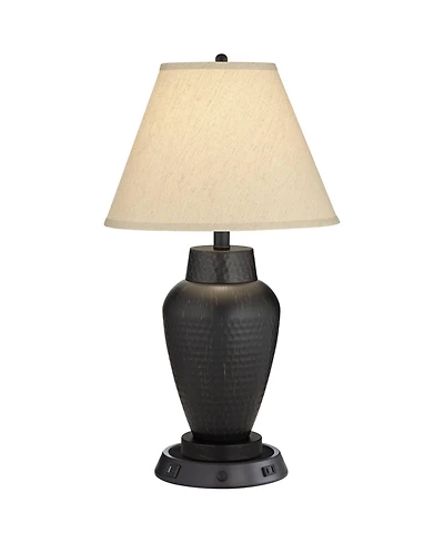 Regency Hill Auburn Rustic Farmhouse Table Lamp 25" High Bronze Hammered with Dimmable Usb Workstation Base Linen Empire Shade for Living Room
