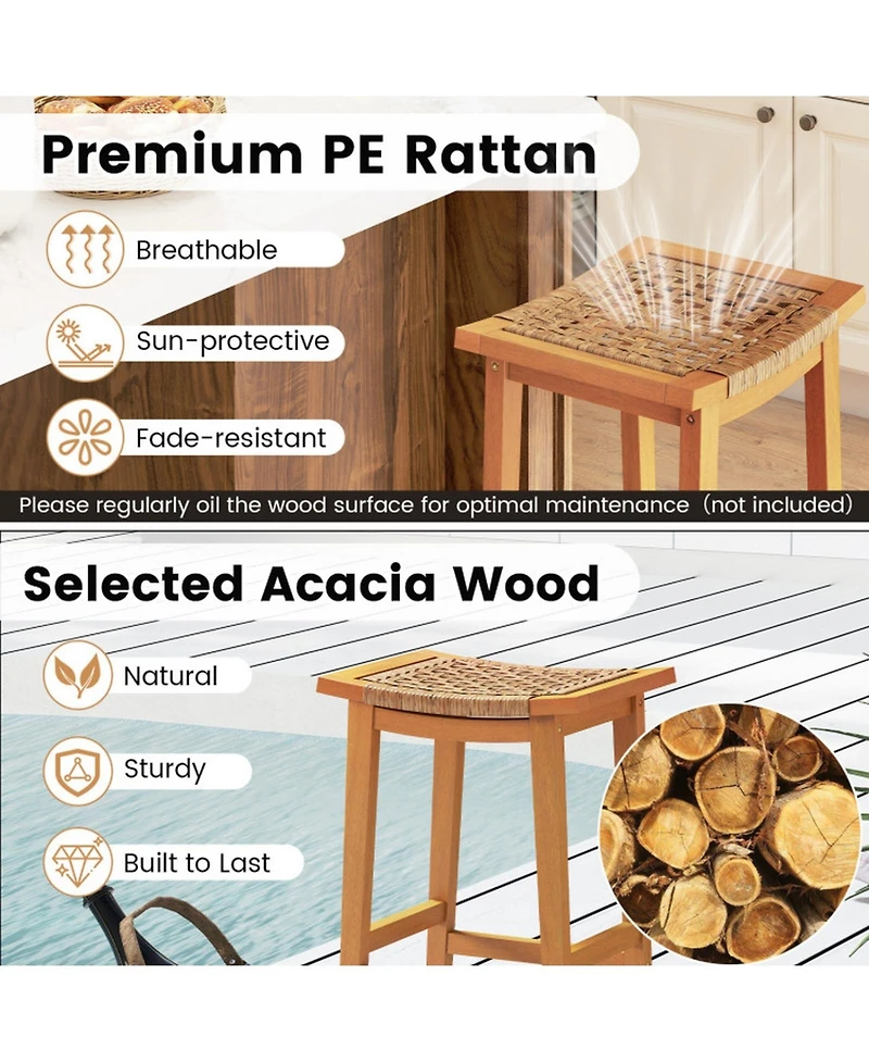 Gouun Acacia Wood Outdoor Bar Stools Set of 2 with Woven Rattan Seats
