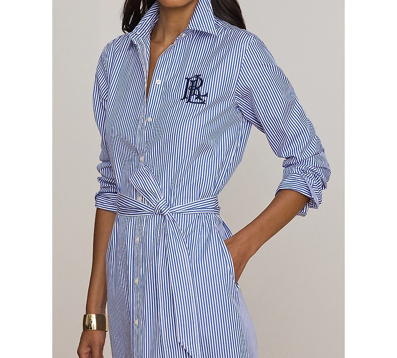 Lauren Ralph Petite Striped Point Collar Broadcloth Shirt Dress
