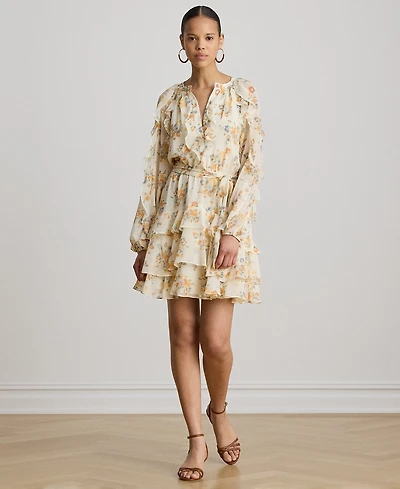 Lauren Ralph Petite Band Collar Floral Ruffle-Trim Tiered Dress