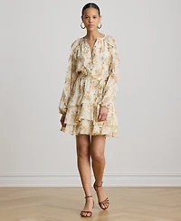 Lauren Ralph Petite Band Collar Floral Ruffle-Trim Tiered Dress