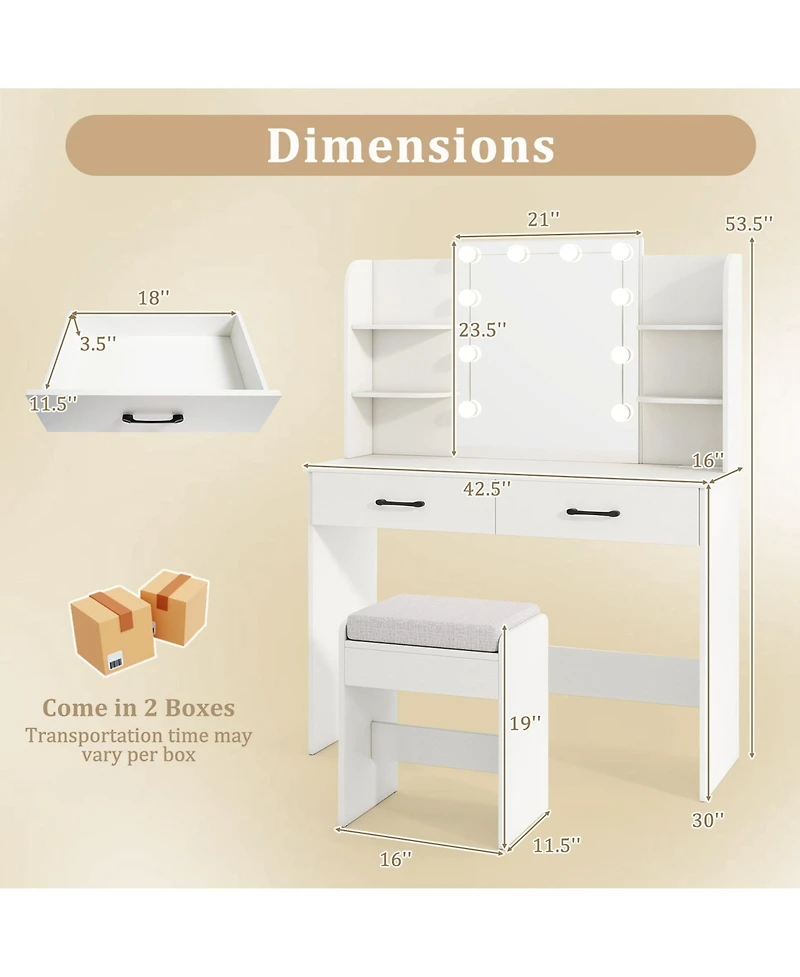 Sugift Vanity Set with Lighted Mirror Stool and Power Outlet