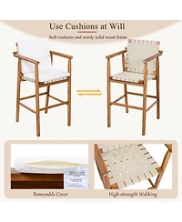 sumyeg Set of 2 Outdoor Counter Height Bar Stools with Acacia Wood Frame, Backrest and Webbing Seat