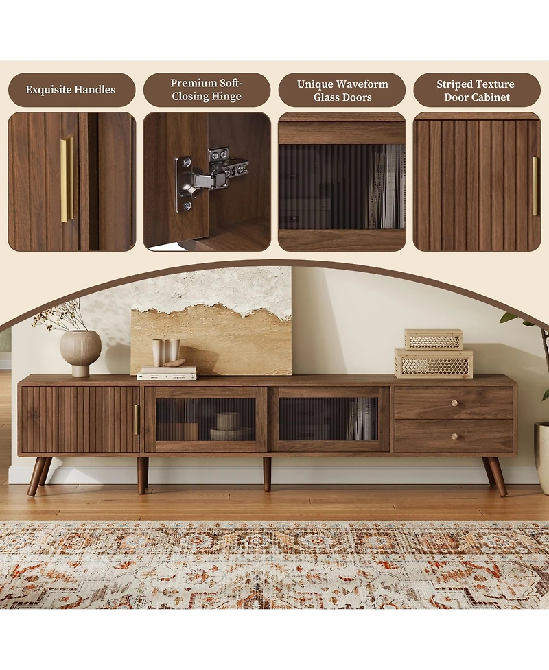 Rainsken Tv Stand , Wood-Grain Entertainment Center with Fluted Cabinet Door, Sliding Glass Doors, and 2 Drawers for Living Room