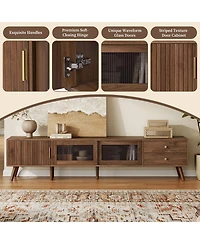 Rainsken Tv Stand , Wood-Grain Entertainment Center with Fluted Cabinet Door, Sliding Glass Doors, and 2 Drawers for Living Room