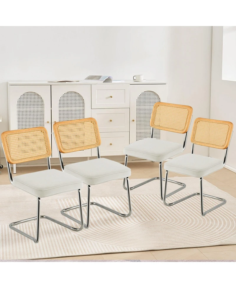 Sugift Rattan Dining Chairs Set of 4, Mid Century Modern, Velvet Upholstered with Rattan Back