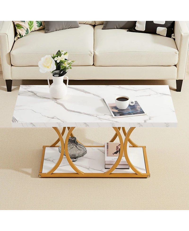 Sugift Coffee Table, Modern Faux Marble, Large 2-Tier Rectangle Desk with Metal Frame