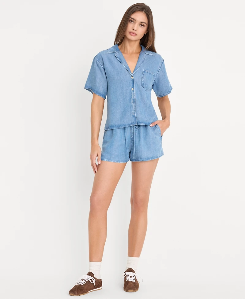 Good American Women's Collared Neck Denim Camp Shirt