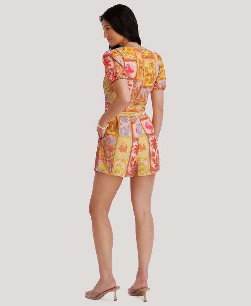 Kensie Women's Short-Sleeve V-Neck Printed Romper