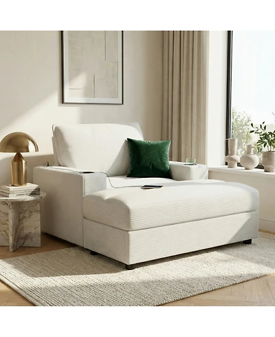 Rainsken 42.8" Oversized Chaise Lounge Chair with Storage Ottoman, Corduroy Sofa Bed with Cup Holders and Usb Charging, Sleeper Couch for Living
