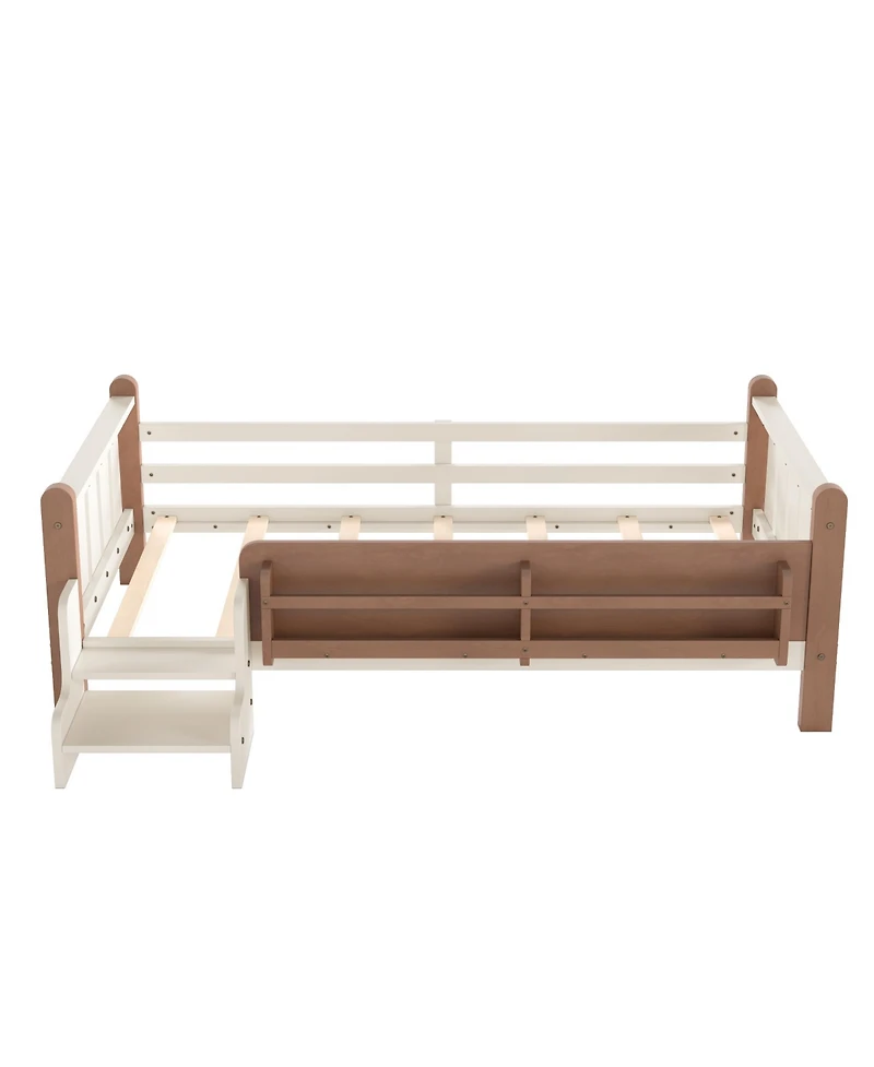 Rainsken Kids Floor Bed Frame with Storage Bookcases and Stairs, Twin Size Solid Wood Low Profile Bed with Guardrails for Boys Girls