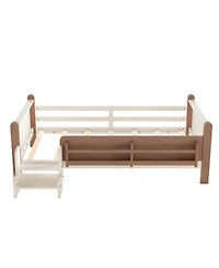 Rainsken Kids Floor Bed Frame with Storage Bookcases and Stairs, Twin Size Solid Wood Low Profile Bed with Guardrails for Boys Girls