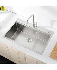 Busdays Stainless Steel Kitchen Sink, Single Bowl, Overmount Handmade Sink in Brushed, with Cutting Board, Colander