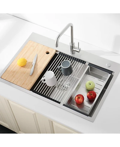 Busdays Stainless Steel Kitchen Sink, Single Bowl, Overmount Handmade Sink in Brushed, with Cutting Board, Colander