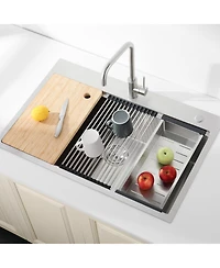 Busdays Stainless Steel Kitchen Sink, Single Bowl, Overmount Handmade Sink in Brushed, with Cutting Board, Colander
