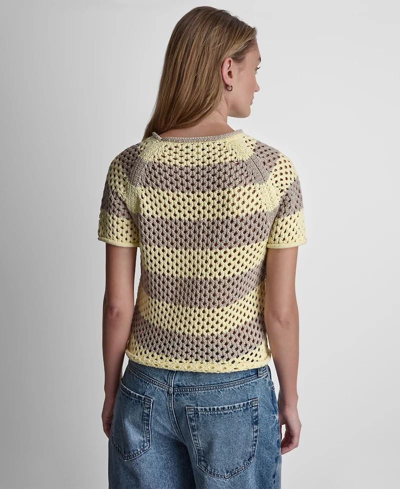 Dkny Jeans Women's Stripe Pointelle Cropped Pull-On Sweater