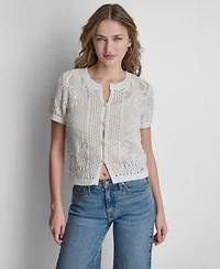 Dkny Jeans Womens Short Sleeve Crewneck Cardigan