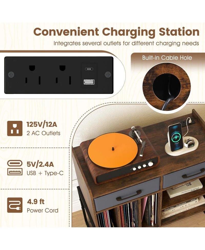 Gouun Mid Century Modern Record Player Stand with Charging Station