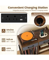 Gouun Mid Century Modern Record Player Stand with Charging Station