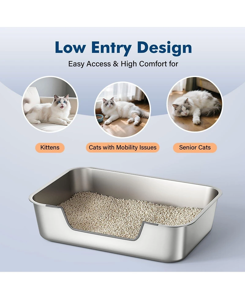 Aronkl Stainless Steel Cat Litter Box Low Entry Anti Splash Odor Free Non Stick Easy Clean for Senior Injured Cats